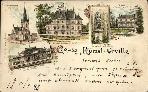 Litho Courcelles Chaussy Kurzel Lothringen Moselle, Schloss Urville, Kaiserkirche, Bahnhof