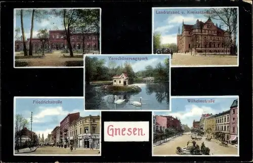 Ak Gniezno Gnesen Posen, Bahnhof, Landratsamt, Friedrichstraße, Wilhelmstraße, Park
