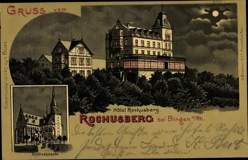 Mondschein Litho Bingen am Rhein, Hotel Rochusberg und Rochuskapelle bei Nacht