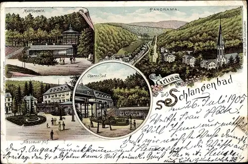 Litho Schlangenbad im Rheingau Taunus Kreis, Musikkapelle, Nassauer Hof, Oberes Bad, Panorama