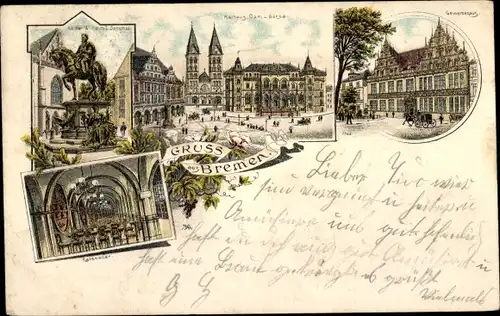 Litho Hansestadt Bremen, Gewerbehaus, Ratskeller, Rathaus, Dom, Börse, Kaiser Wilhelm I. Denkmal