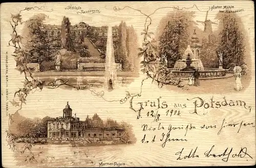 Litho Potsdam, Schloss Sansoucci, Brunnen, Mühle, Marmorpalais