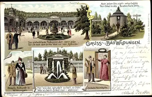 Litho Bad Wildungen in Nordhessen, Onkel auf Kur, Trinkhalle, Brunnen, öffentliche Toilette