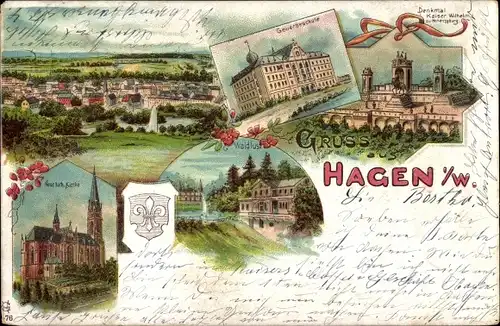 Litho Hagen in Westfalen, Totale, Kaiserdenkmal, Waldlust, Gewerbeschule, Kirche, Wappen