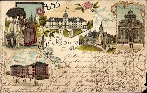 Litho Bückeburg im Kreis Schaumburg, Schloss, Kirche, Neues Palais, Kaserne, Tracht