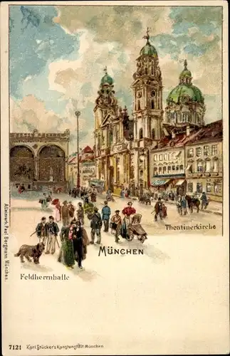 Litho München Bayern, Theatinerkirche, Feldherrnhalle