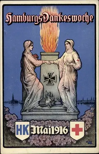 Künstler Ak Hamburg, Hamburgs Dankeswoche, Mai 1916, Rotes Kreuz, HK, Flamme, Wappen