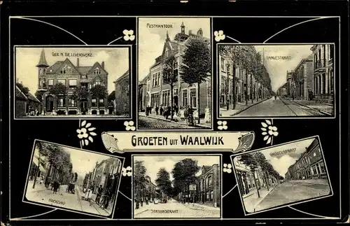 Ak Waalwijk Nordbrabant Niederlande, Langestraat, Postkantoor, Stationstraat, Grootestraat