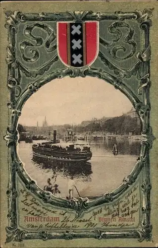 Präge Wappen Passepartout Ak Amsterdam Nordholland Niederlande, Binnen Amstel