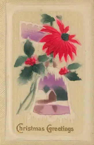 Stoff Ak Glückwunsch Weihnachten, Stechpalme, Blume, Haus