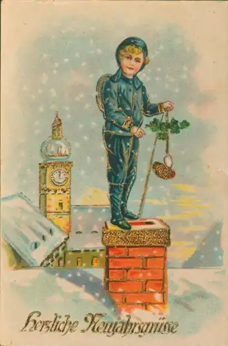 Glitzer Ak Glückwunsch Neujahr, Schornsteinfeger, Pilz, Glücksklee