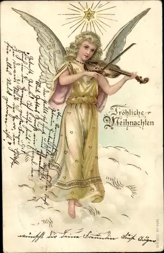 Präge Litho Glückwunsch Weihnachten, Engel spielt Geige