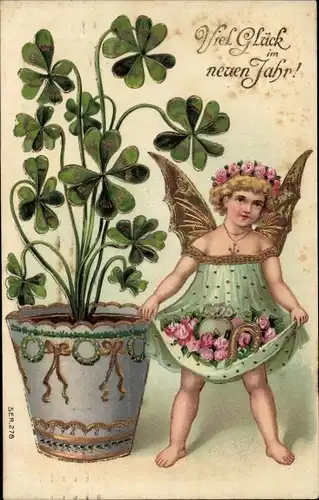 Präge Ak Glückwunsch Neujahr, Engel, Blumentopf, Glücksklee