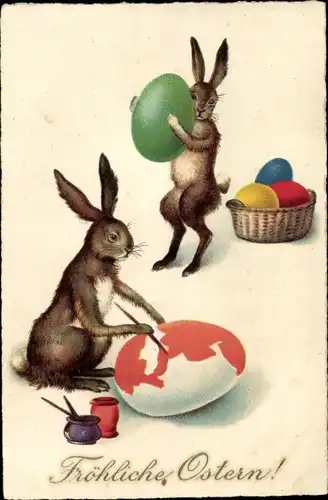 Ak Glückwunsch Ostern, Osterhasen bemalen Ostereier