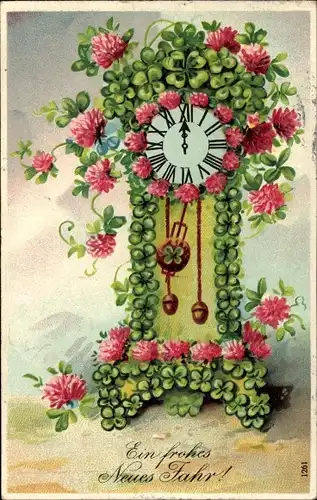 Ak Glückwunsch Neujahr, Glücksklee, Uhr, Blumen