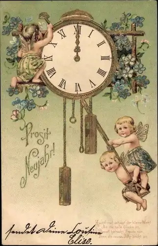 Präge Litho Glückwunsch Neujahr, Engel, Uhr, Vergissmeinnicht