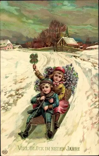 Ak Glückwunsch Neujahr, Junge und Mädchen auf einem Schlitten, Kleeblatt