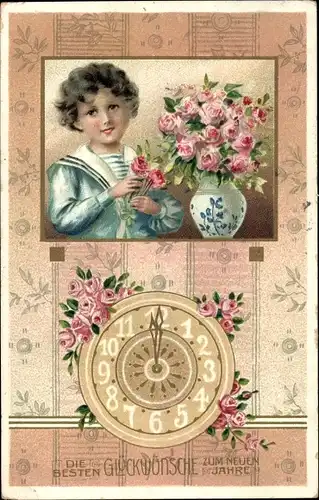 Präge Ak Glückwunsch Neujahr, Mädchen, Rosen in der Blumenvase, Uhr