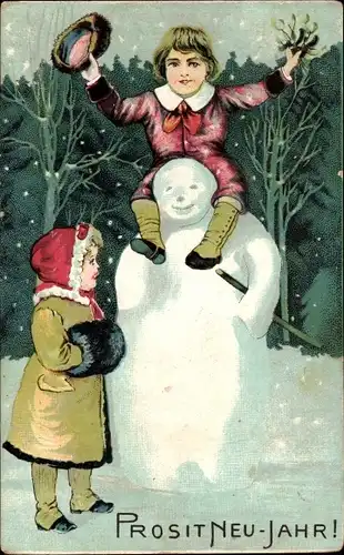 Ak Glückwunsch Neujahr, Junge und Mädchen mit Schneemann