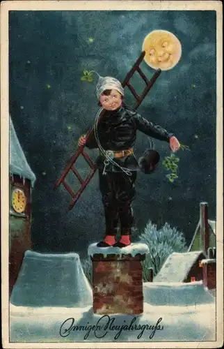Ak Glückwunsch Neujahr, Schornsteinfeger, Glücksklee, Mond, Leiter