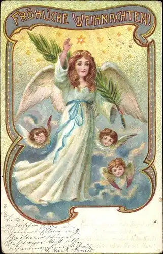 Litho Glückwunsch Weihnachten, Engel, Tannenzweig