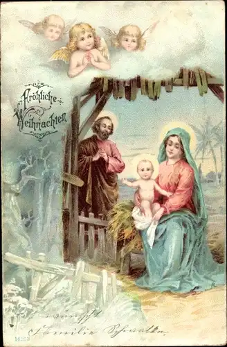 Litho Glückwunsch Weihnachten, Engel, Maria, Jesuskind, Josef