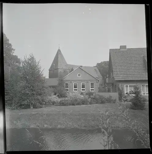 6 Zelluloid Negative Bardewisch Lemwerder in Oldenburg, Kirche, Brücke, Geschäft