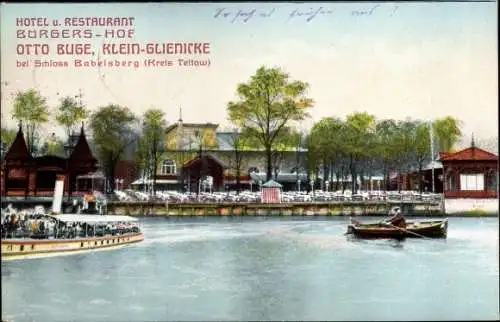 Ak Klein Glienicke Babelsberg Potsdam, Hotel Bürgers Hof, Ruderboot, Dampfer