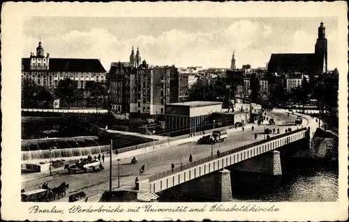 Ak Wrocław Breslau in Schlesien, Werderbrücke mit Universität und Elisabethkirche