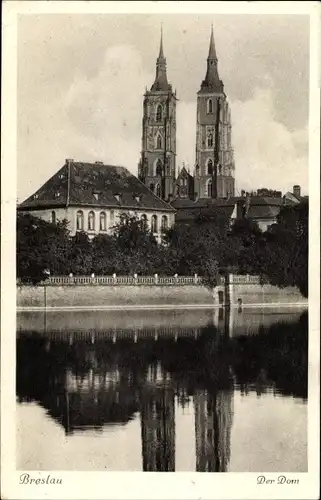 Ak Wrocław Breslau in Schlesien, Der Dom, Partie am Ufer