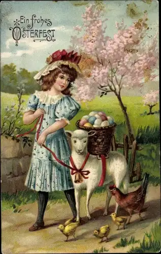 Präge Ak Glückwunsch Ostern, Mädchen, Lamm, Henne, Küken, Ostereier