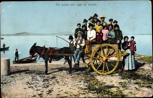 Ak Garda Veneto, Un saluto dal lago di Garda, Eselkarren, Personen in Trachten, Gardasee