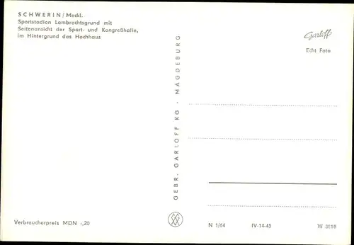 Ak Schwerin in Mecklenburg, Sportstadion Lambrechtsgrund, Sport- u. Kongreßhalle, Hochhaus