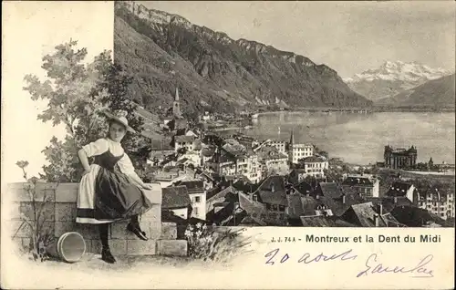 Ak Montreux Kanton Waadt, Panorama und die Dent du Midi, Mädchen in Tracht