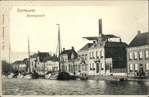 Ak Terneuzen Zeeland Niederlande, Heerengracht, Boote, Windmühle