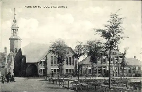 Ak Stavenisse Zeeland Niederlande, Kerk en School