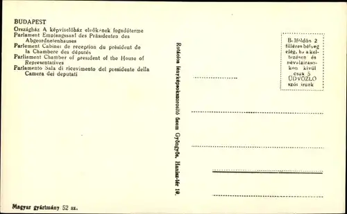 Ak Budapest Ungarn, Parlament, Empfangssaal des Präsidenten des Abgeordnetenhauses