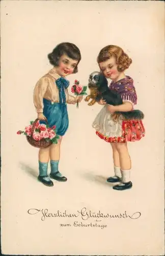 Ak Glückwunsch Geburtstag, Kinder, Blumen, Hund