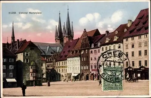 Ak Cheb Eger Region Karlsbad, Unterer Marktplatz, Kirchturm