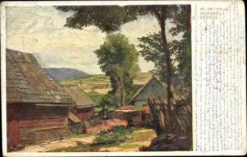 Künstler Ak Kalvoda, A., Horska Vesnice, Dorfpartie, Wohnhäuser, Birke, Holzzaun