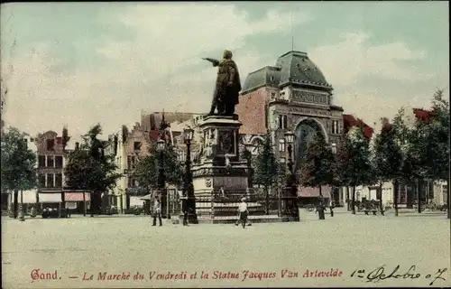 Ak Gand Gent Ostflandern, Le Marche du Vendredi, la Statue Jacques Van Artevelde
