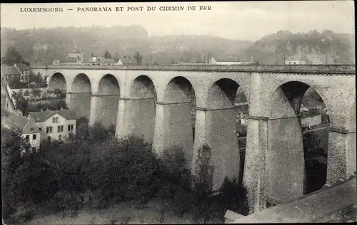 Ak Luxembourg Luxemburg, Panorama, Eisenbahnbrücke