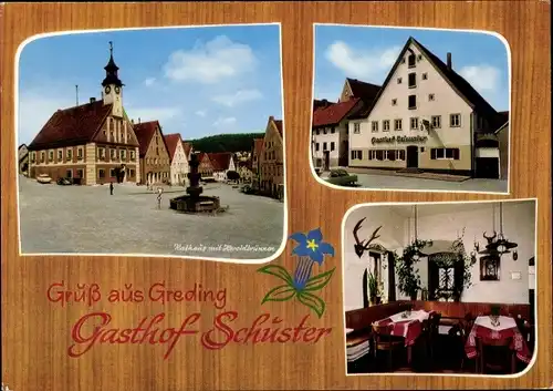 Ak Greding Mittelfranken, Gasthof Schuster, Inneres, Rathaus, Brunnen