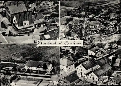 Ak Burhave Butjadingen Wesermarsch, Drogerie, Habeck, kath. Kirche, Luftbild