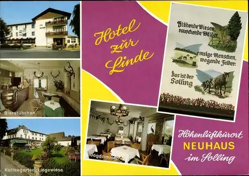 Ak Neuhaus im Solling Holzminden Niedersachsen, Hotel zur Linde, Jagdzimmer, Bierstübchen, Garten