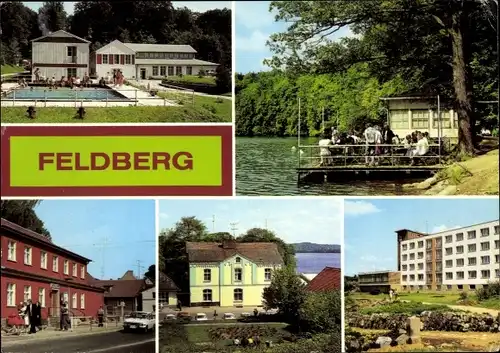 Ak Feldberg in Mecklenburg, Erholungsheim BMK Ost Stieglitzenkrug, Luzinhalle, Rathaus, FDGB Heim