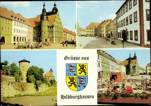 Ak Hildburghausen in Thüringen, Rathaus, Marx-Engels-Platz, Stadtmauer, Boulevard Cafe, Wappen