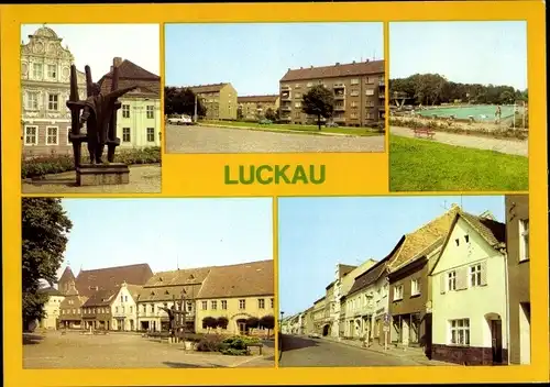 Ak Luckau Niederlausitz, Karl Liebknecht Denkmal, Neubauten, Freibad, Markt, Hauptstraße
