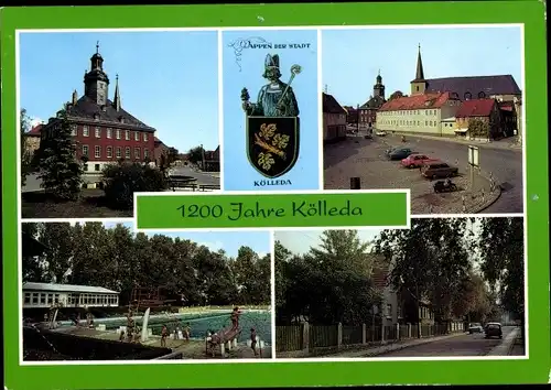 Ak Kölleda in Thüringen, Rathaus, Freibad, Teilansichten, Wappen, 1200 Jahre