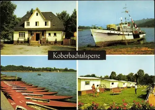 Ak Langenhessen Werdau Sachsen, Koberbachtalsperre, Boote, Minenlegboot, Gasthaus, Bungalows